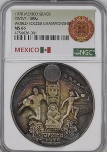 1970 MEXICO SILVER Medal-Grove 1088a-SOCCER CHAMPIONSHIP-NGC MS 66-BEAUTIFUL - Picture 1 of 2