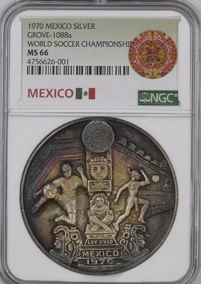 1970 MEXICO SILVER Medal-Grove 1088a-SOCCER CHAMPIONSHIP-NGC MS 66-BEAUTIFUL - Image 1 of 2