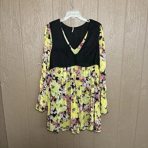 Free People Alice Mini Vest Yellow Brown Floral Chiffon Boho Dress Size Medium - Picture 1 of 7