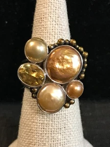 Echo des Träumers Sterlingsilber Bronze Citrin & Barock Perlen Ring Größe 10 - Bild 1 von 17