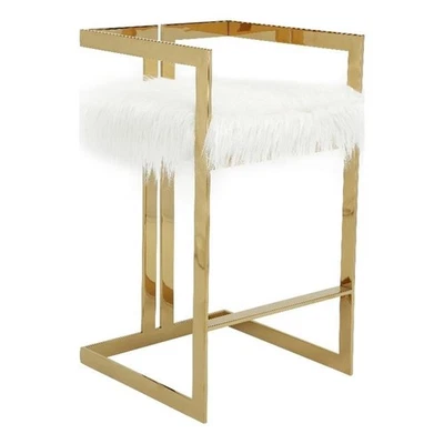 Suki 30 Inch Barstool Chair- White Faux Fur Seat- Stainless Steel- Gold - Image 1 of 4