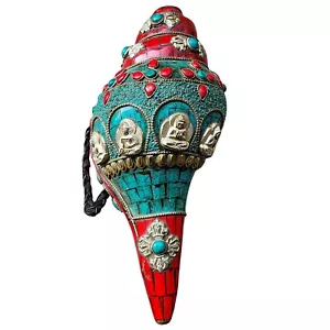 Tibetische Blasenschank Muschel Schale Trompete Horn Statue Türkis Fliese Wohnkultur - Bild 1 von 4