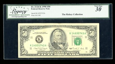 DBR 1990 $50 FRN Dallas Fr. 2124-K Legacy 30 Serial K14935743A - Image 1 of 2