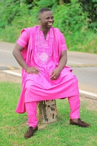 Pink with White Agbada 3 Pcs Babariga Kaftan African Clothing Men's Fashion - Picture 1 of 3