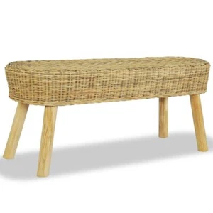 Hall Bench Natural Rattan Seat With Wooden Legs Rustic Style Home Furniture - Picture 1 of 5