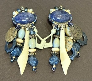 VTG Signed Chipita Blue Gemstone Bead Mixed Materials Boho Dangle Earrings - Picture 1 of 10