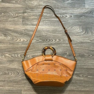 Carlos Santana Tan Faux Leather Shoulder Bag Tortoise Shell Ring Purse Crossbody - Picture 1 of 11