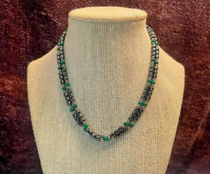 Hematite & malachite necklace 30 inches gold spacers black green Unisex