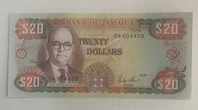 $20 Dollar Jamaica Currency Bill Note 1987 Uncirculated Crisp Mint Condition - Image 1 of 4