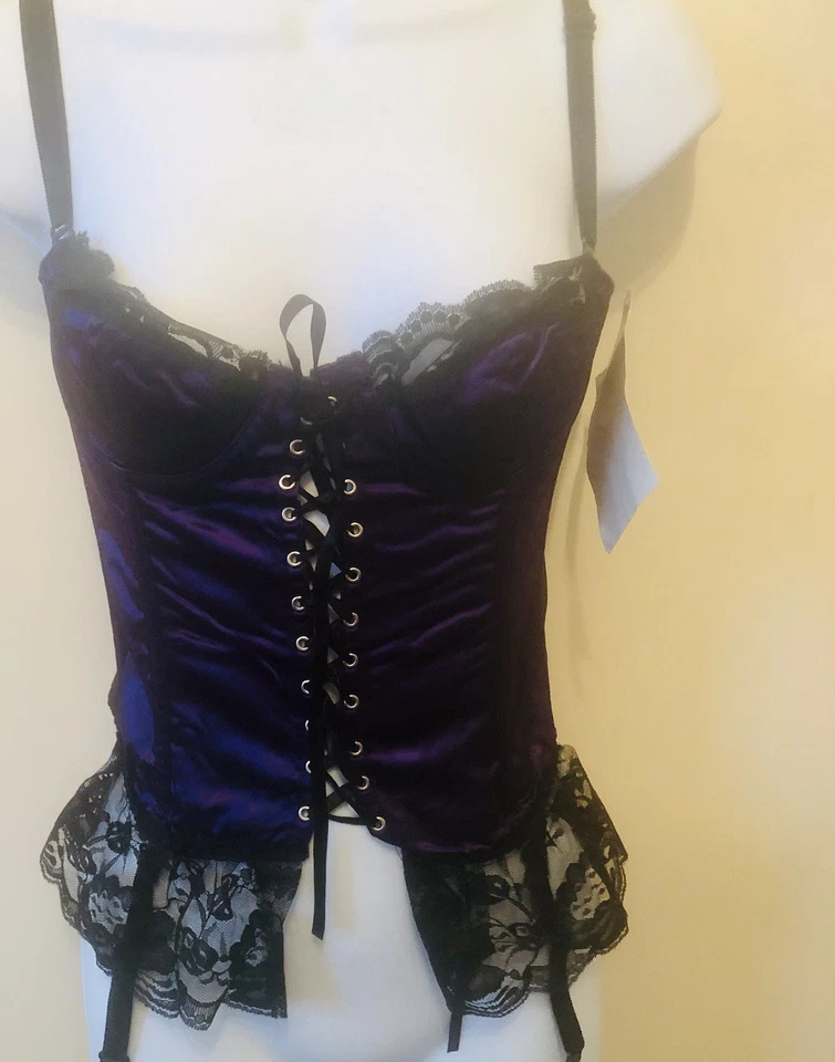 Purple Black Satin Lace Corset Basque Suspenders & Thong 34B - Image 1 of 4
