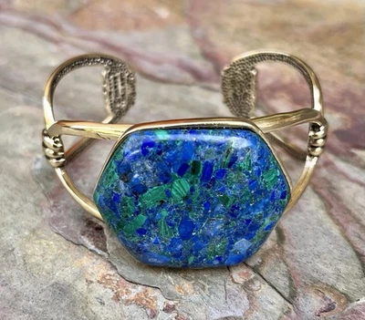Barse NWT Azurite Malachite Green Blue Statement Golden Bronze Cuff Bracelet - Image 1 of 4