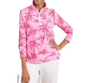 T by Talbots NUEVO Talla XL Rosa Playa Villa Media Cremallera Pullover Top Estampado Palmera - Imagen 1 de 13