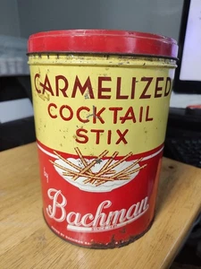 Vintage Bachman Carmelized Cocktail Stix 1 LB Pretzel Tin Container RED LID - Picture 1 of 6