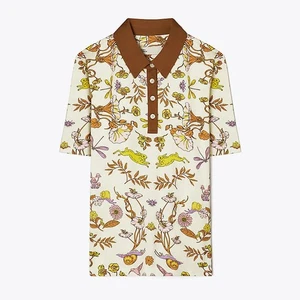 Tory Burch Ivory Rabbit Field Printed Mercerized Polo T-Shirt Floral Bunny M - Bild 1 von 15