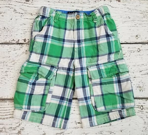 MINI BODEN 7 Boys Green Blue White Plaid Long Cargo Shorts 7 EUC - Picture 1 of 4