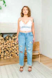 Blue JEANS Size 18W Womens Plus HI RISE Distressed BUTTON FLY 45" Waist DENIM - Picture 1 of 4