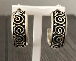 Vintage ATI Signed Sterling Silver 925 Swirl Detailed Beaded J Hoop Earrings 10g - Picture 1 of 7