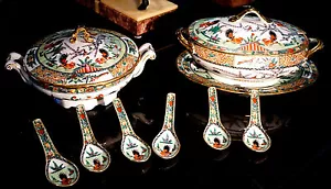 Very Beautiful Set Of Famille Rose Roosters Tureens With Underplate And Spoons - Picture 1 of 6