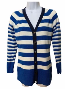Ann Taylor Blue White Striped Boyfriend Cardigan Sweater MP Cotton Nylon - Picture 1 of 4