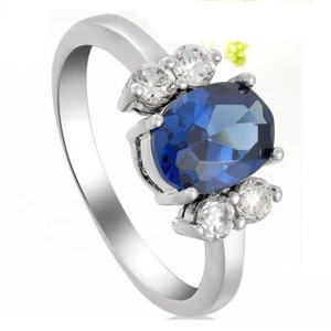 18k White Gold Plated Blue Sapphire Topaz Stone Women's Ring Siz 6 - Picture 1 of 2