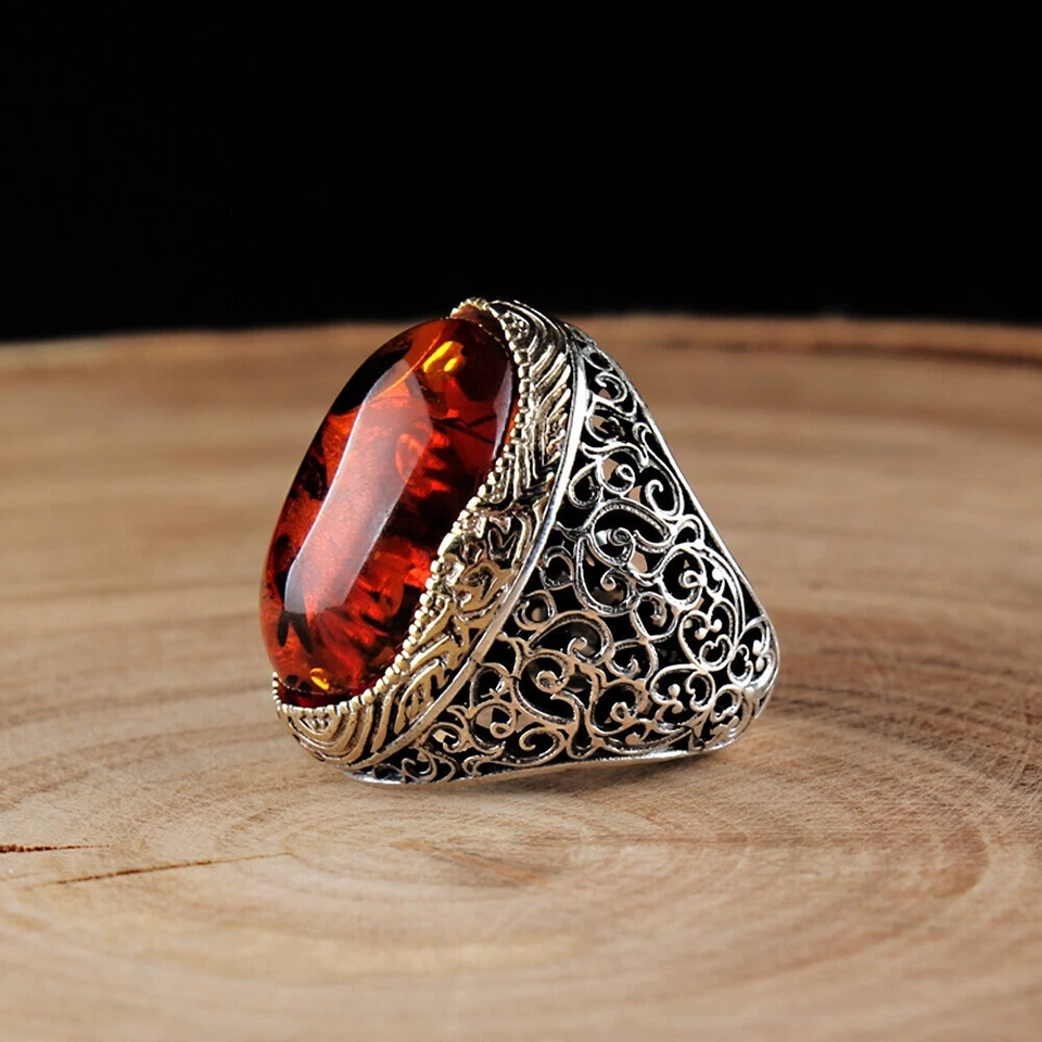Amber silver ring Handmade  925 SILVER Men Ring Orange To Red agate gem Stone - Image 1 of 4