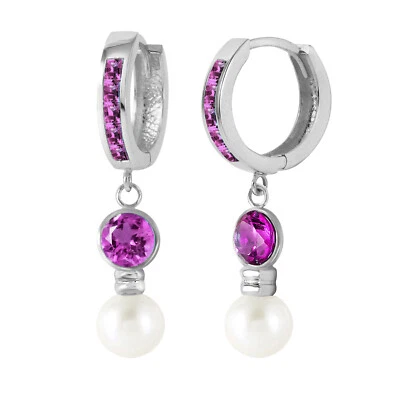 14K. SOLID GOLD HUGGIE EARRING WITH PEARLS & AMETHYSTS (WHITE GOLD) - Image 1 of 4
