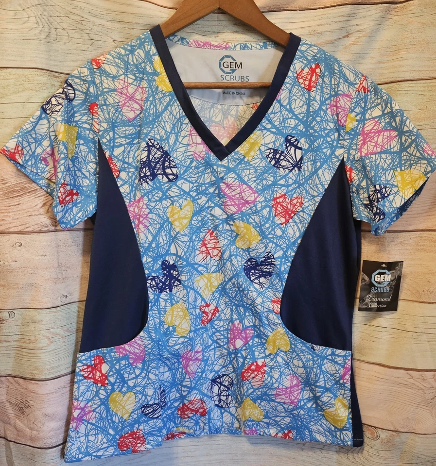 NWT Gem Scrubs Diamond Collection Womens Size M Scribble Hearts Red Blue Yellow - Image 1 of 4