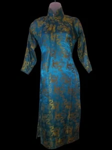 Vintage 60s Cheongsam Silk Turquoise Gold Oriental Dragon Wiggle Dress S Tiki O - Picture 1 of 11