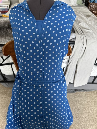 Abito blu ALYX taglia 16 con pois bianchi a pois senza maniche con fodera Nuovo