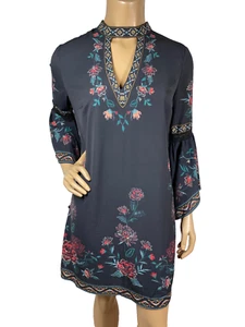 Flying Tomato Size S Black Dress High Neck V Shaped Cut Out Bell Sleeves Floral - Picture 1 of 12