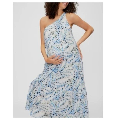 NWT ONE SHOULDER BOW MATERNITY MAXI DRESS XS COTTON Blue - Image 1 of 4