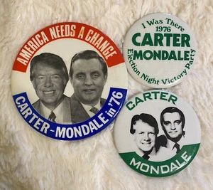 3 Vtg Carter~Mondale In 1976 Presidential Campaign Buttons Victory Party America - Picture 1 of 11