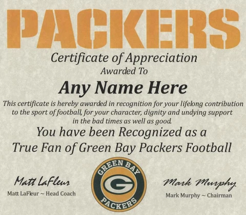 GREEN BAY PACKERS ~ PACKERS FOOTBALL APPRECIATION ~ CERTIFICATE ~ FOOTBALL Cover