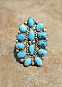 1.5" GEM !!! OLD Zuni Sterling Petit Point Turquoise CLUSTER Ring Size 6.75 - Picture 1 of 9