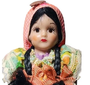 CUTE LIL' VINTAGE SMALL 6" TALL MEXICAN DOLL W/BRAIDS IN FLORAL DRESS MEXICO - Picture 1 of 4