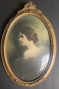 Antiker ovaler konvexer Glas Bilderrahmen Foto Frauen verzierter Holzrahmen 24" x 16" - Bild 1 von 13