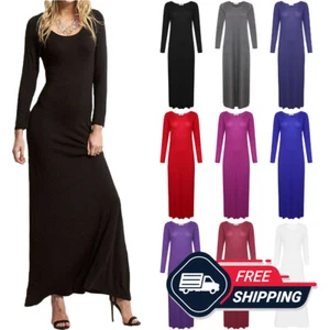 Womens Long Sleeve Maxi Dress Ladies Plain Loose Jersey Casual Fits UK 8-26 - Picture 1 of 19