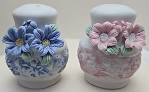 Vintage Ceramic Floral Pink and Blue Flower Salt & Pepper Shakers with 3D design - Picture 1 of 9