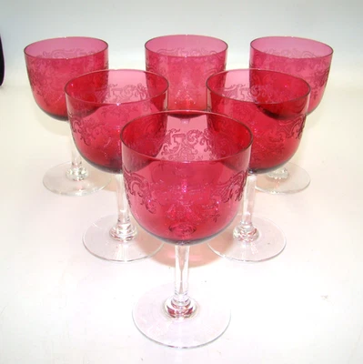 Antiguo Baccarat 6 copas de vino de vidrio de arándano grabadas Foto 1 de 3