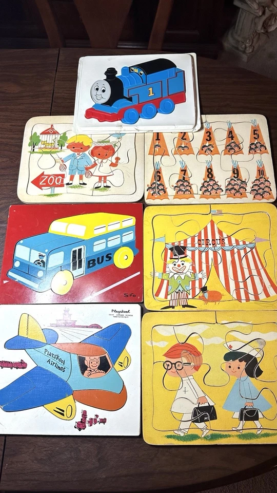 Conjunto de 6 quebra-cabeças infantis antigos de madeira e 1 de plástico para crianças Playkool Outros - Imagem 1 de 4