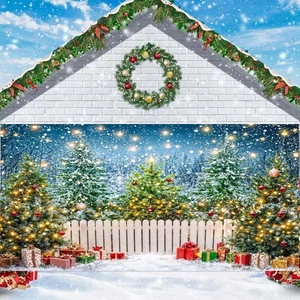 16 x 7 Fuß Weihnachten Garagentor Abdeckung Hintergrund Winter Wald grün Weihnachtsbaum Szene - Bild 1 von 7