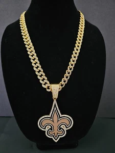 New Orleans Saints Cuban Link Chain Luxury Iced Out Crystal 24" Necklace 3 - Picture 1 of 4