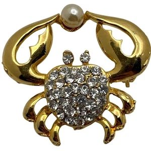 Launische Kostüm Krabbe Anstecknadel Brosche Kristall Strass Kunstperlen goldfarben - Bild 1 von 5