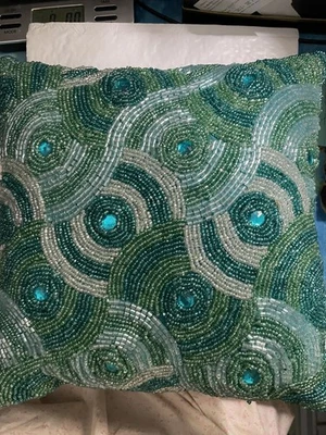 Pier 1 Imports  Beaded  Decorative Throw Pillow Teal Blue Aqua 12 X 12" - Image 1 of 4