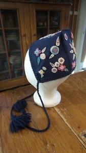 Antique, Vintage, Appliqued Felt CAP, Long Tassled Ties, Blue, Child Size - Picture 1 of 4