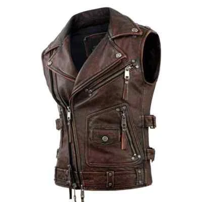 Men's Biker Vintage Brown & Black Vintage Real Leather Motorcycle Vest Jacket. - Image 1 of 4