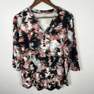 Relativity Womens IX Abstract Henley Top Black Tie Dye 3/4 Sleeve Boho Artsy - Image 1 of 4