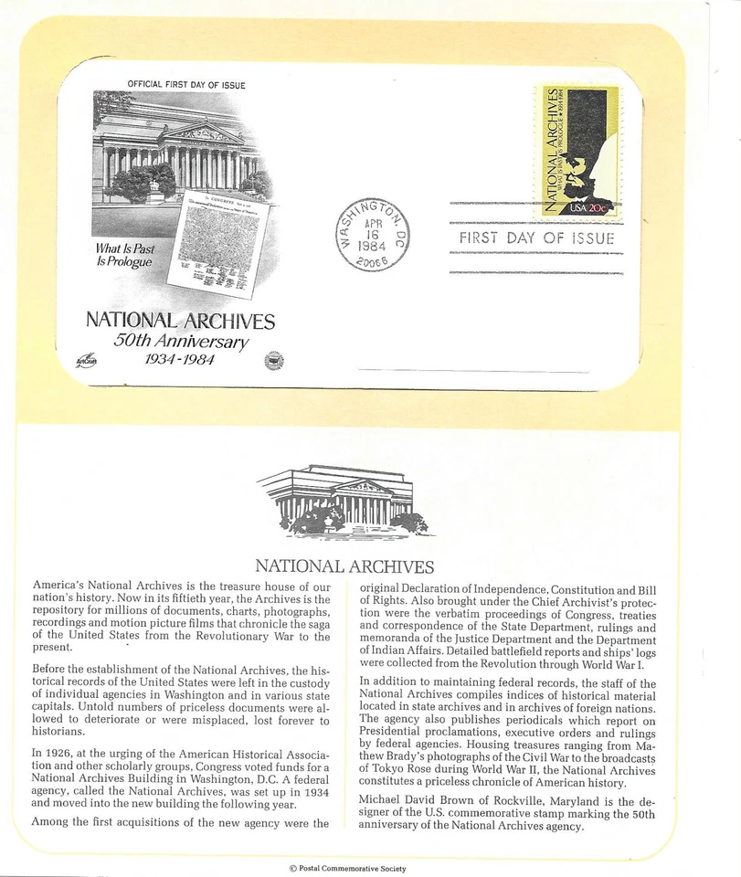 1984 National Archives 50th Anniversary, Sc 2081 FDC info page PCS ArtCraft - Image 1 of 1