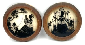 2 Vintage runde gerahmte viktorianische Dame mit Kindern Silhouette umgekehrt bemalt Schatten - Bild 1 von 8