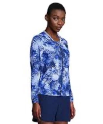 Lands End 全新中号 10-12 蓝色连帽拉链前游泳罩防撞 UPF50 — 第 1/4 张图片